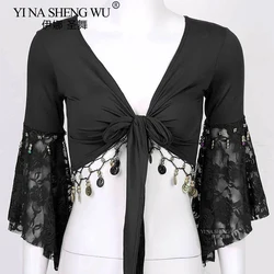 Belly Dance Top Lace Flare Sleeves Practice Costume Indian Belly Dance Dance Performance Top Lace Adult Women Square Dance Top