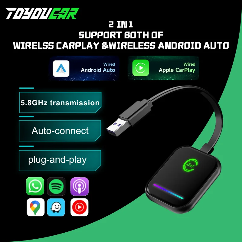 Toyoucar 2in1 Wireless CarPlay Android Auto Wireless Adapter Smart Mini Box Plug And Play WiFi Fast Connect For Kia Audi VW