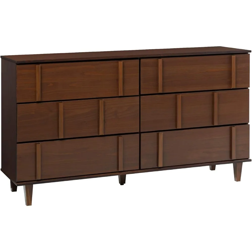 

Contemporary Detailed 6-Drawer Solid Wood Dresser, 60 Inch, Walnut-T