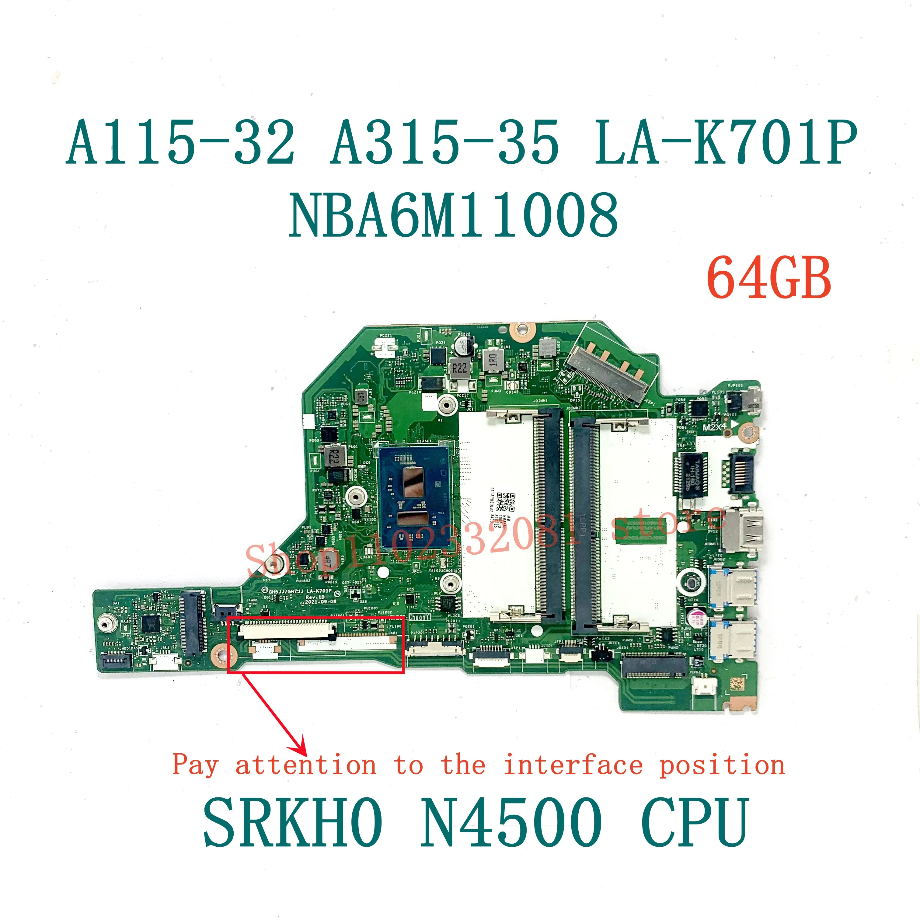 

For Acer A115-32 A315-35 LA-K701P Laptop Motherboard NBA6M11008/NBA6M11004/NBA6W11003 64GB/128GB With SRKH0 N4500 CPU 100%Tested