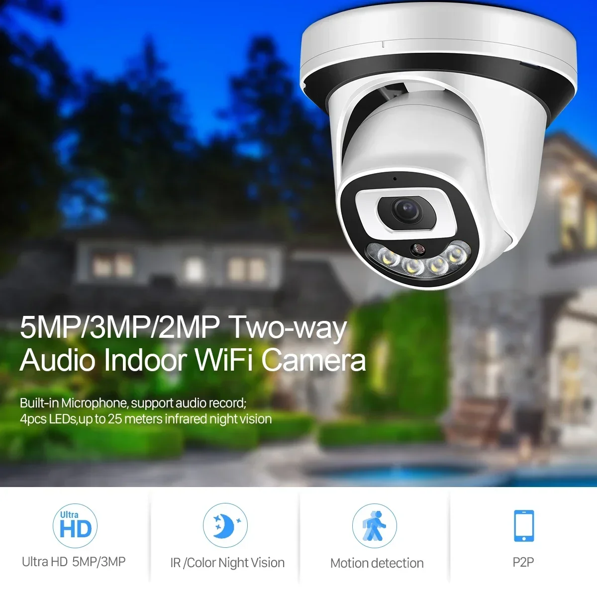 Dome WiFi Camera with SD Slot 5MP HD Audio Wireless IP Camera IR/Color Night Vision Wide Angle 3MP 2MP Video Surveillance