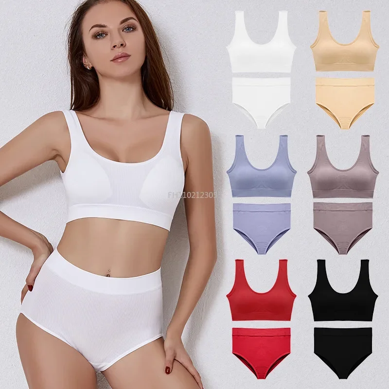 Sexy Seamless Tops Set High Waist Panties Women Wireless Underwear Suit Soft Padded Bras Set Backless Bralette Lingerie Bra Suit