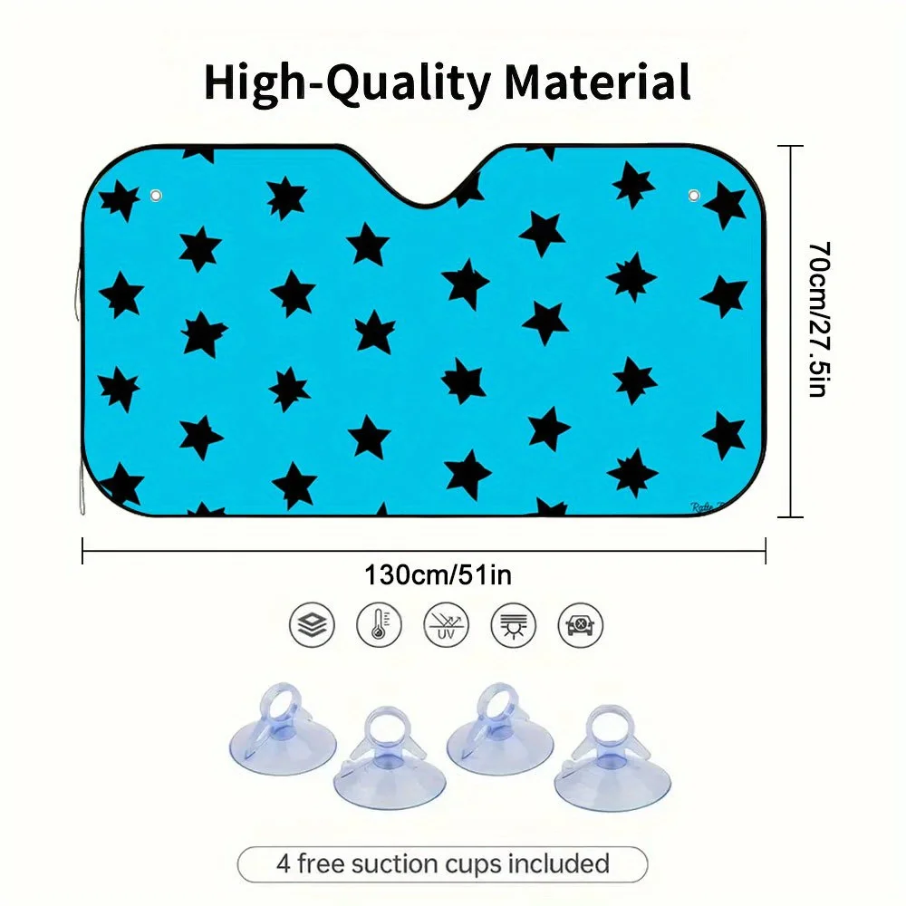 1pc 2D Flat Black Stars On A Blue Background Car Sunshade – Chic And Fashionable, Maintains Your Vehicle'S Coolness, Comes With