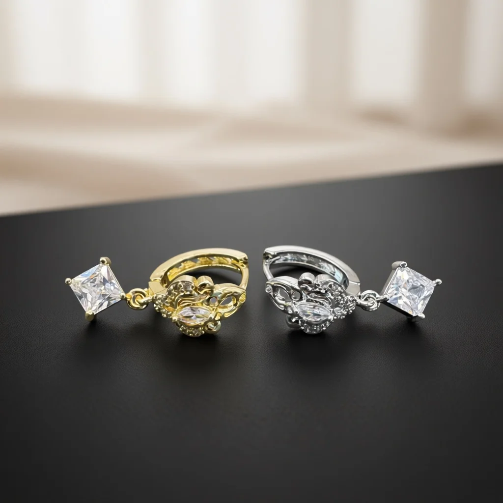 Ornate Vintage Huggie Drop Earrings Floral Carved Frame Marquise Zircon Dangling Square‑Cut Charm Hinged Closure Fashion Jewelry