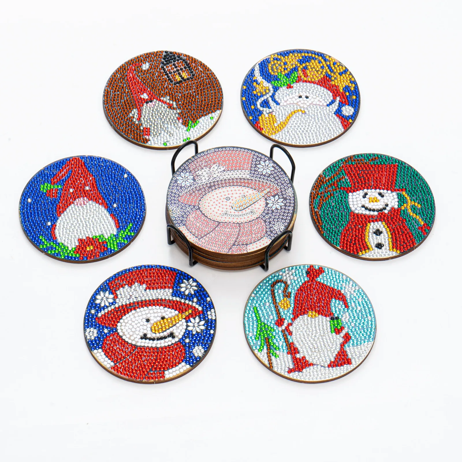 

Hot Selling6 Pieces Christmas Snowman Hand Painted DIY Round Wooden Spot Drill Thermal Insulation Anti Slip Coaster with Bracket