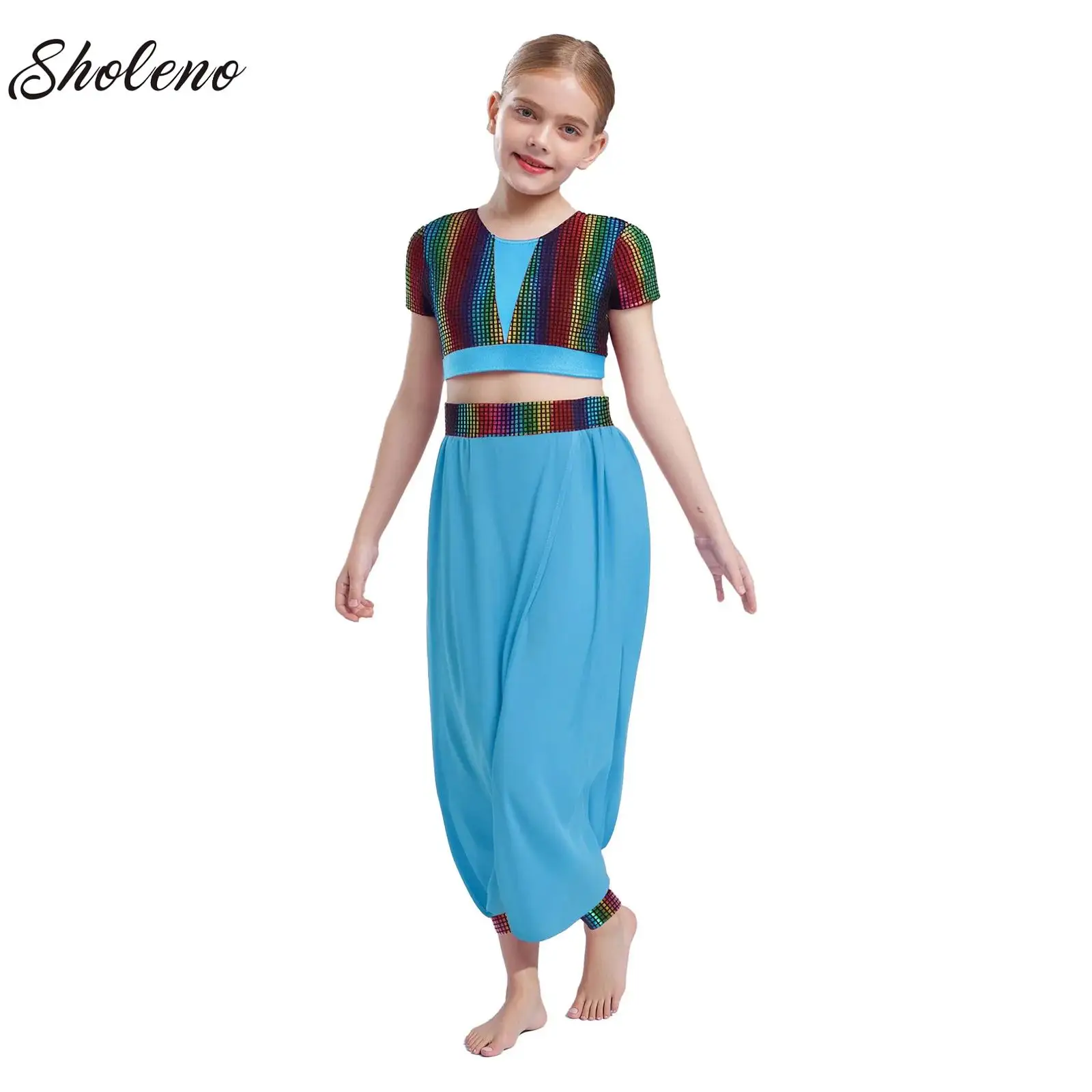 

Women Indian Arabian Princess Costume Kids Girls Metallic Crop Tops + Pants Set Dance Outfits for Jazz Belly Dance Performance