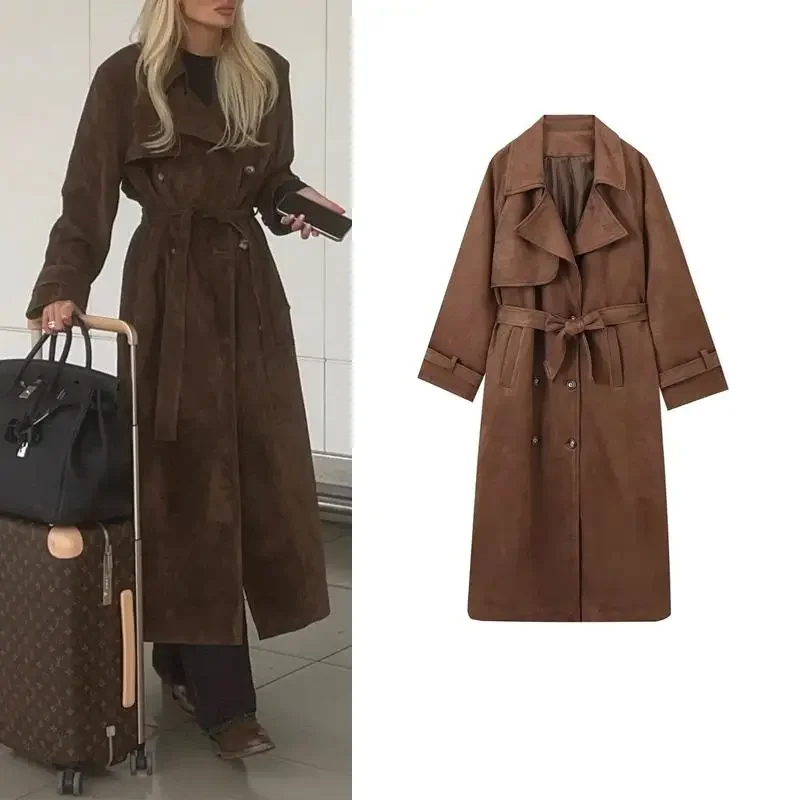 

Autumn Winter New Fashion Women's Casual Double-Breasted Lapel Collar Belt Long Over-Knee Coat Outerwear