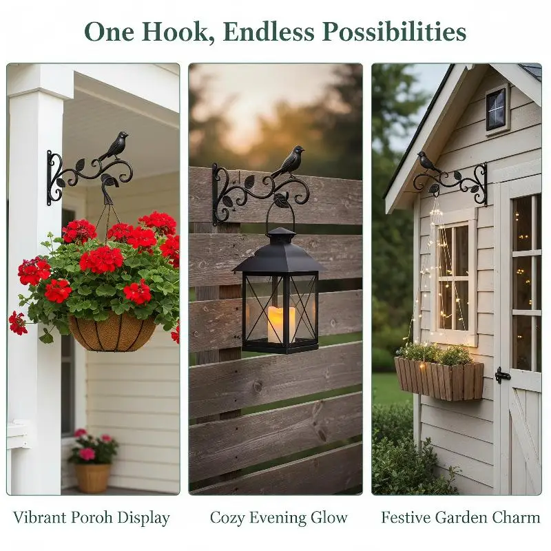 Wrought Iron Hanging Plant Brackets Lovely Bird Leaf Accent Anti-Rust Sturdy for Outdoor Patio Garden Hanging Planters