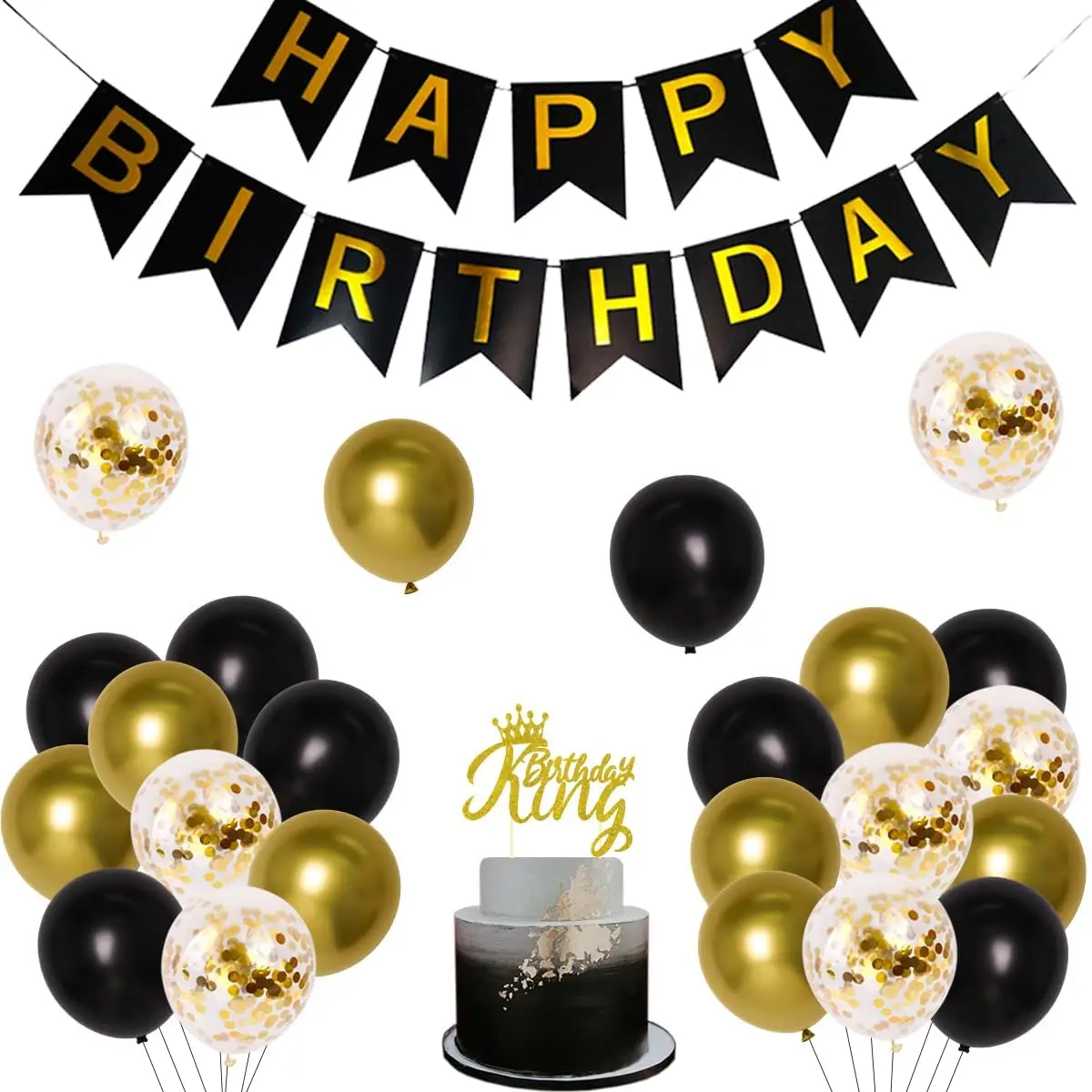 

Joymemo Black and Gold Crown Balloons Set with Happy Birthday Banner Cake Topper Men Women Birthdays Party Supplies Decorations