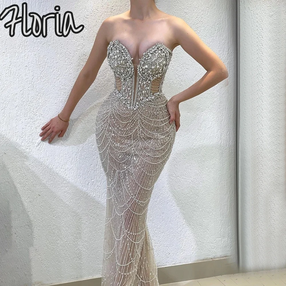 

Champagne Strapless Mermaid Luxury Evening Dresses Gowns Beaded Design Arabic For Women Wedding Party Dress Custom Made