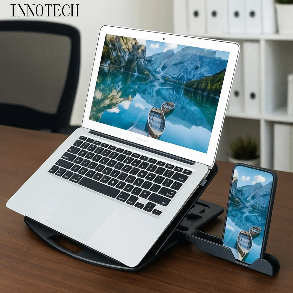 

Plastic Laptop Stand With Phone Holder Foldable Desktop Holder Non Slip Multiple Height Ergonomic Laptop Riser
