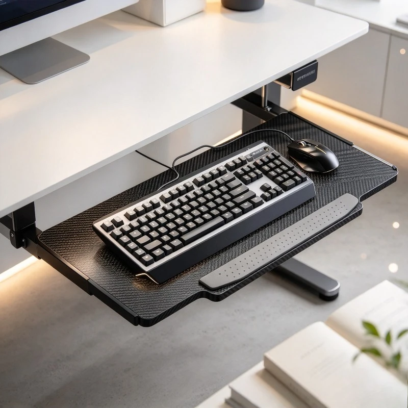 Keyboard Tray Ergonomic Adjustable No Drill Silent Rail Carbon Fiber Mouse Organizer Under Desk Mount Home Office Computer Setup