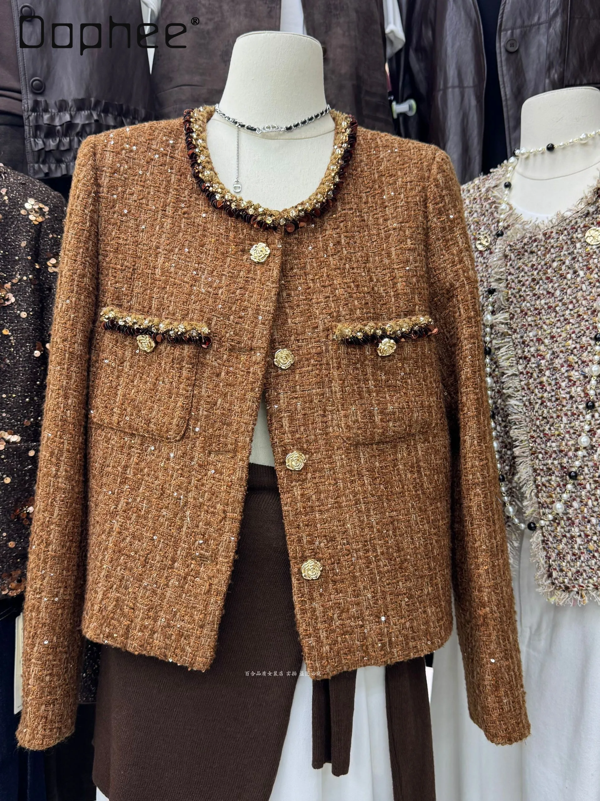 

Роскошное короткое пальто с пайетками и бисером для женщин, элегантное французское светское пальто с круглым вырезом, свободные твидовые пальто, осень-зима, новый универсальный топ