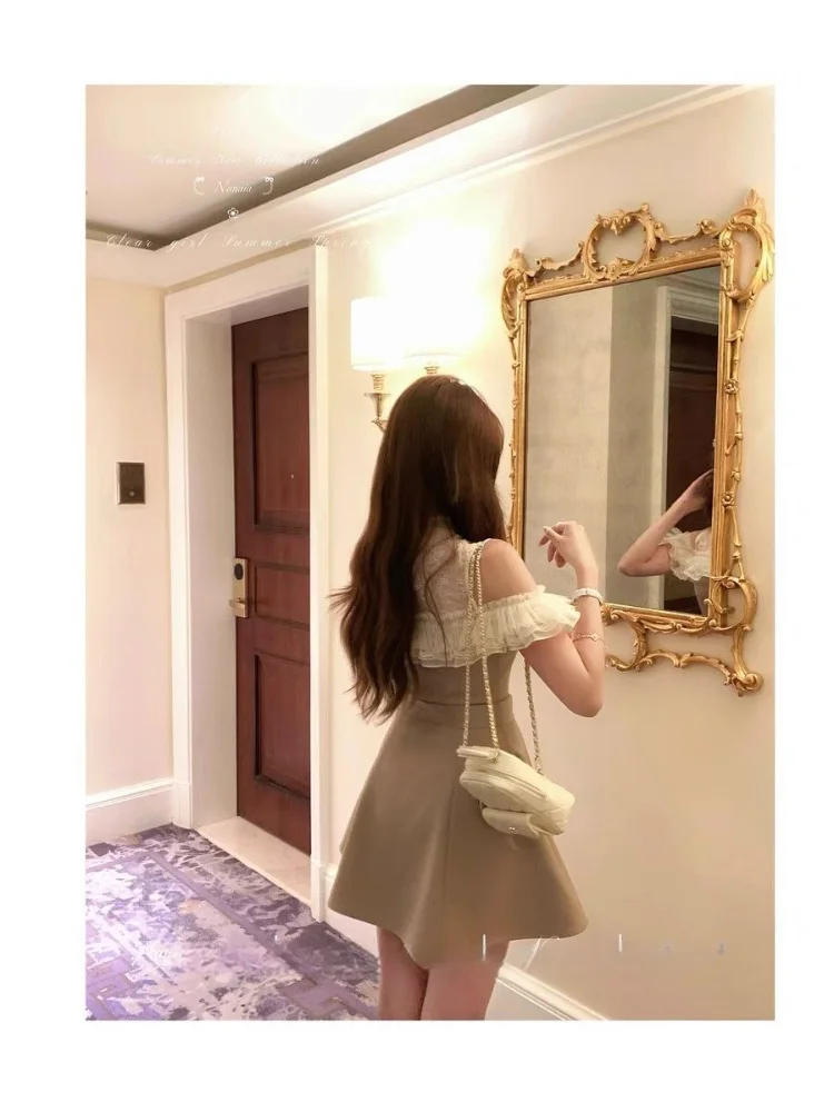 Abito da principessa dolce giapponese Elegante patchwork di pizzo Slim Fit Lace Up Vita A-line Mini abiti da festa Abiti sexy Y2k