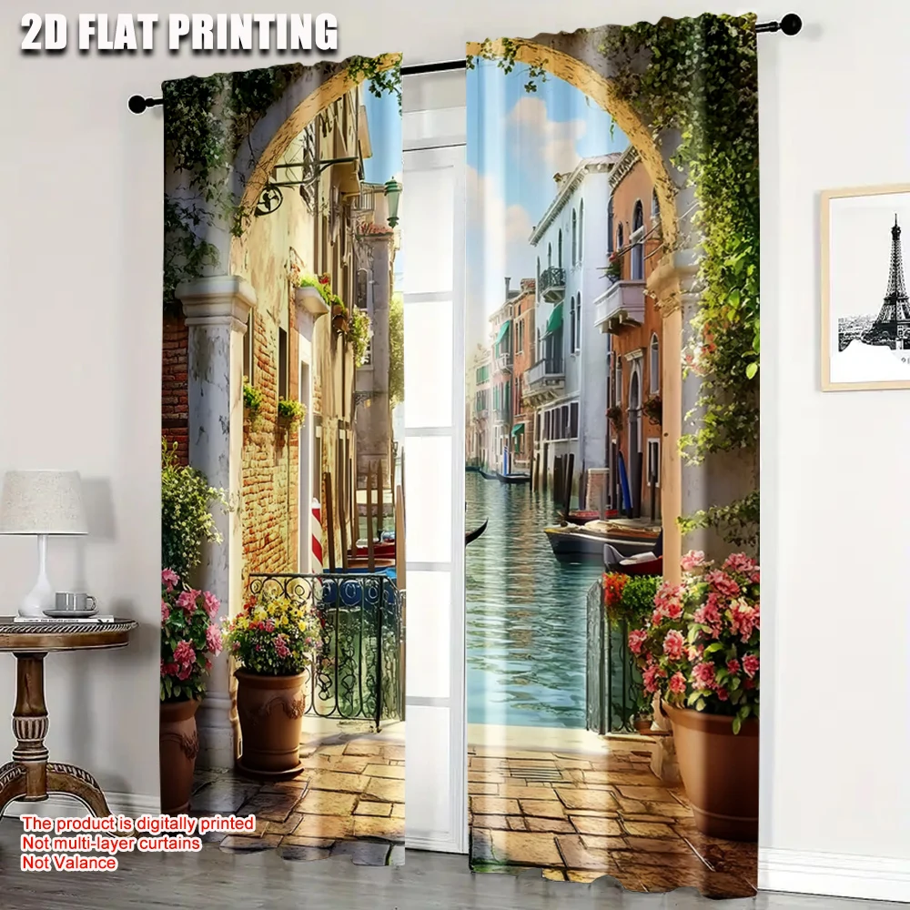 

2pc, Window Curtains Venice Canal Fabric,Without Electricity Spring Party & Holiday Decor Perfect for All Occasions decorate
