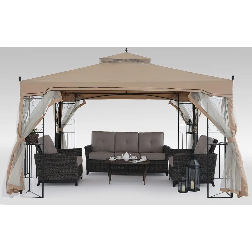 

Бежевая беседка 10x10 футов с сетчатыми боковинами для газона, сада, заднего двора и террасы