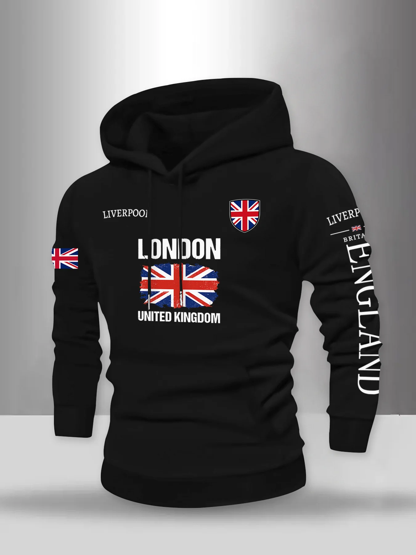 Herren UK London Vereinigtes Königreich Flaggen-Print Hoodie England Liverpool Schriftzug Lässiger Streetwear Weißer Pullover Sweatshirt – Detail 3