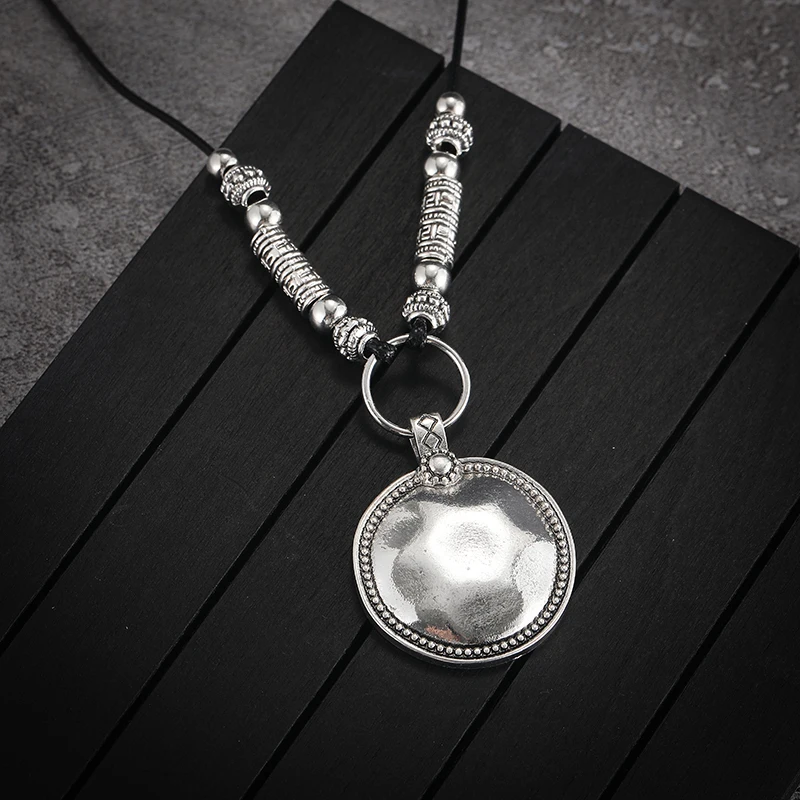 Vintage Beaded Exaggerated Disc Silver Color Metal Pendant Necklaces for Women Bohemian Ethnic Style Leather Cord Jewelry