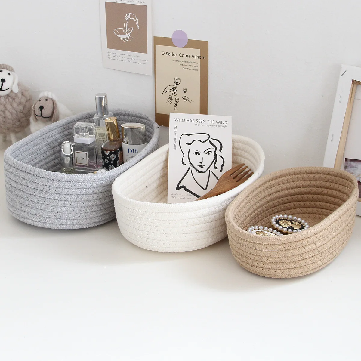 Scandinavian Cotton Rope Woven Storage Basket Oval Desktop Sundry Storage Basket Simple Cosmetic Snacks Hand-Woven Basket