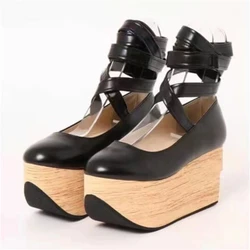 Gothic Thick Sole Women Platform Pumps Cross-strap Lolita Cosplay Creepers High Heel Wedge Shoes Ladie Wood Heel Wedges