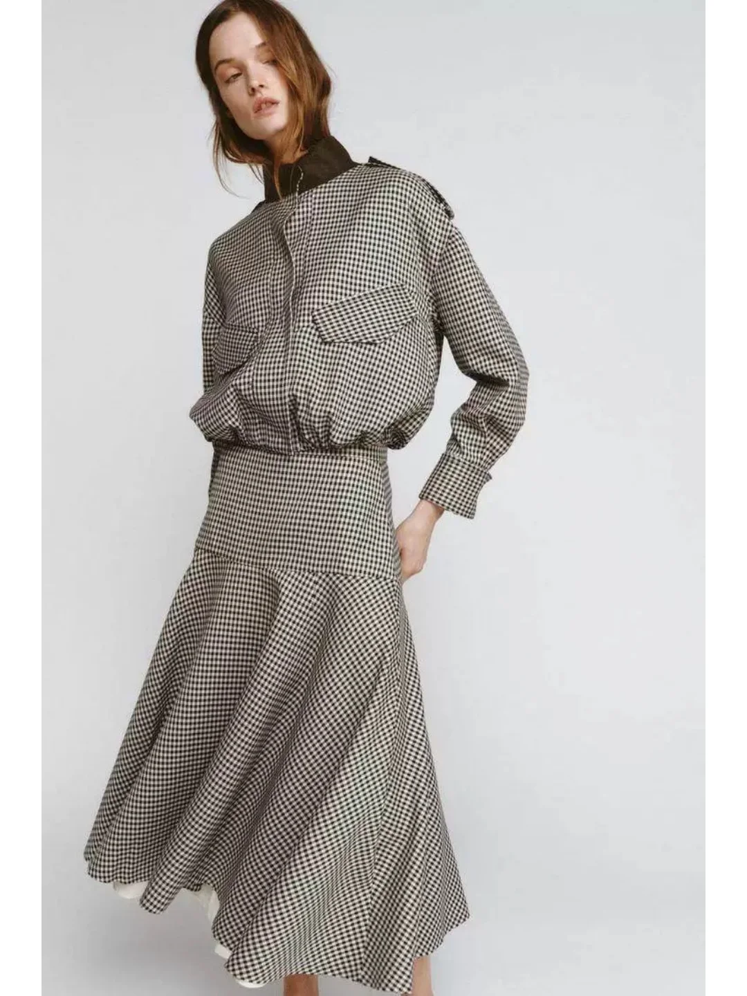 New Color Block Half High Collar Long Sleeve Plaid Pilot Jacket Outerwear Women's Fashion Set mid Waist Plaid Skirt