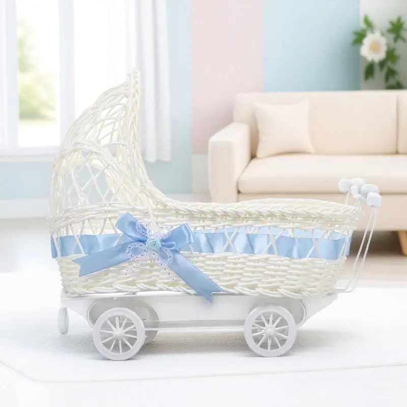 Trolley Shaped Baby Shower Basket Faux Wicker Candy Storage Flower Basket Party Favor Decoration Cutie Baby Shower Decorations