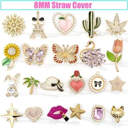 8MM Silicone Straw Cover Cap Metal Decoration,Crystal Heart Butterfly Straw Topper for Cups Accessories,Dustproof Straw Cap