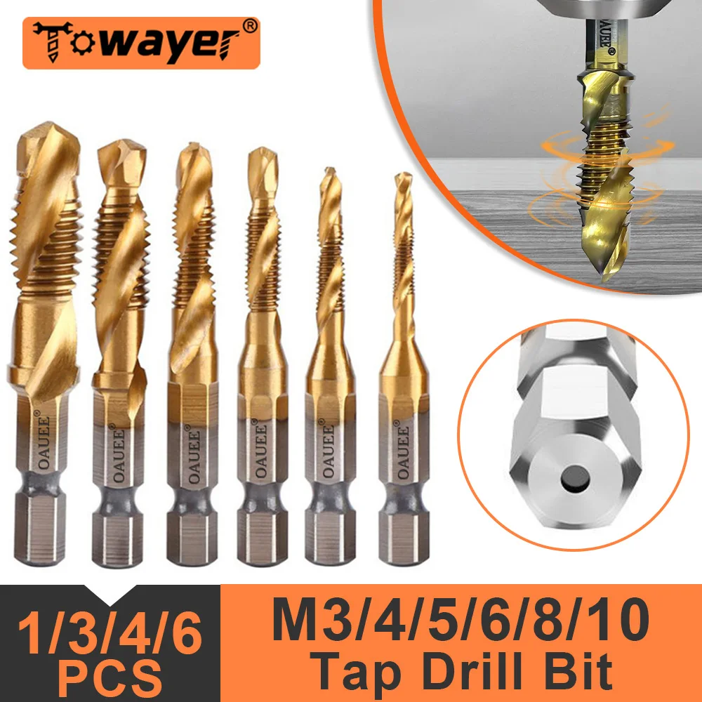 Titanium Tap Drill Bit Set Hex Shank Plated HSS Wood Drilling Thread Metric Screw Bit Compound Tap M3 M4 M5 M6 M8 M10 Hand Tools