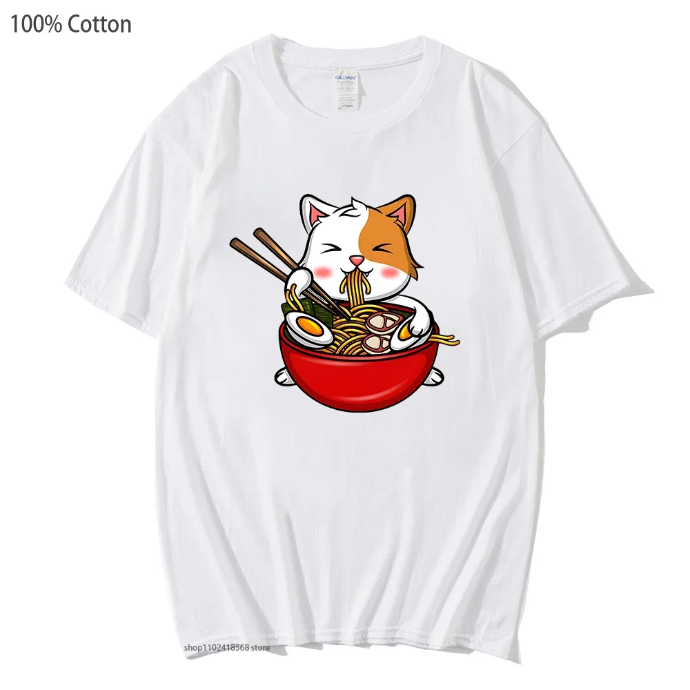 

Cat Eating Spaghetti T-Shirts for Women Aesthetic Tees MEN Fashion Tshirts Harajuku Clothes 100% Cotton Summer Clothes O-Neck