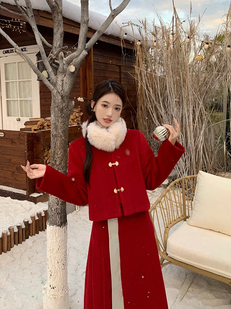

2024 Winter New Elegant Chinese Fashion Women Woolen Jacket Suit A-line Skirt Thick Female Two-piece Set
