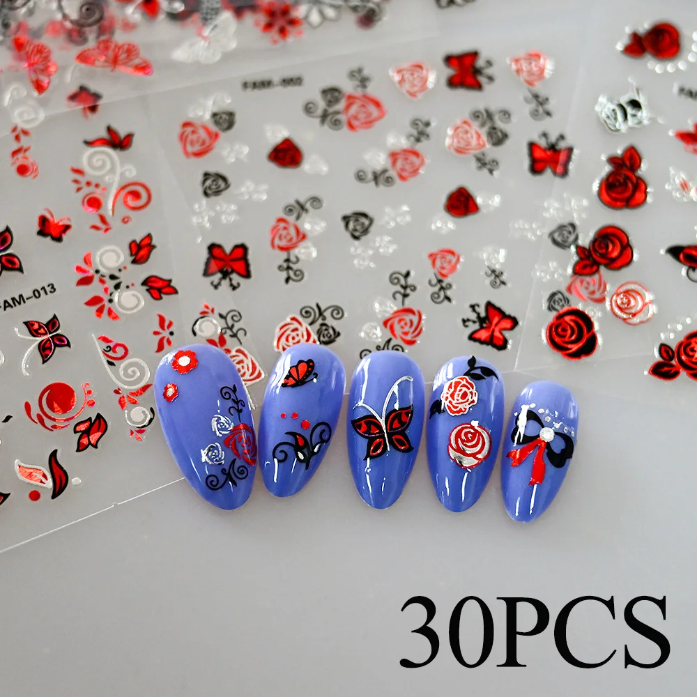 30pcs Black Red Rose Butterfly Nail Art Stickers 3D Retro Holographic Glitter Nail Decals Charms Adhesive Girls Manicure Sliders