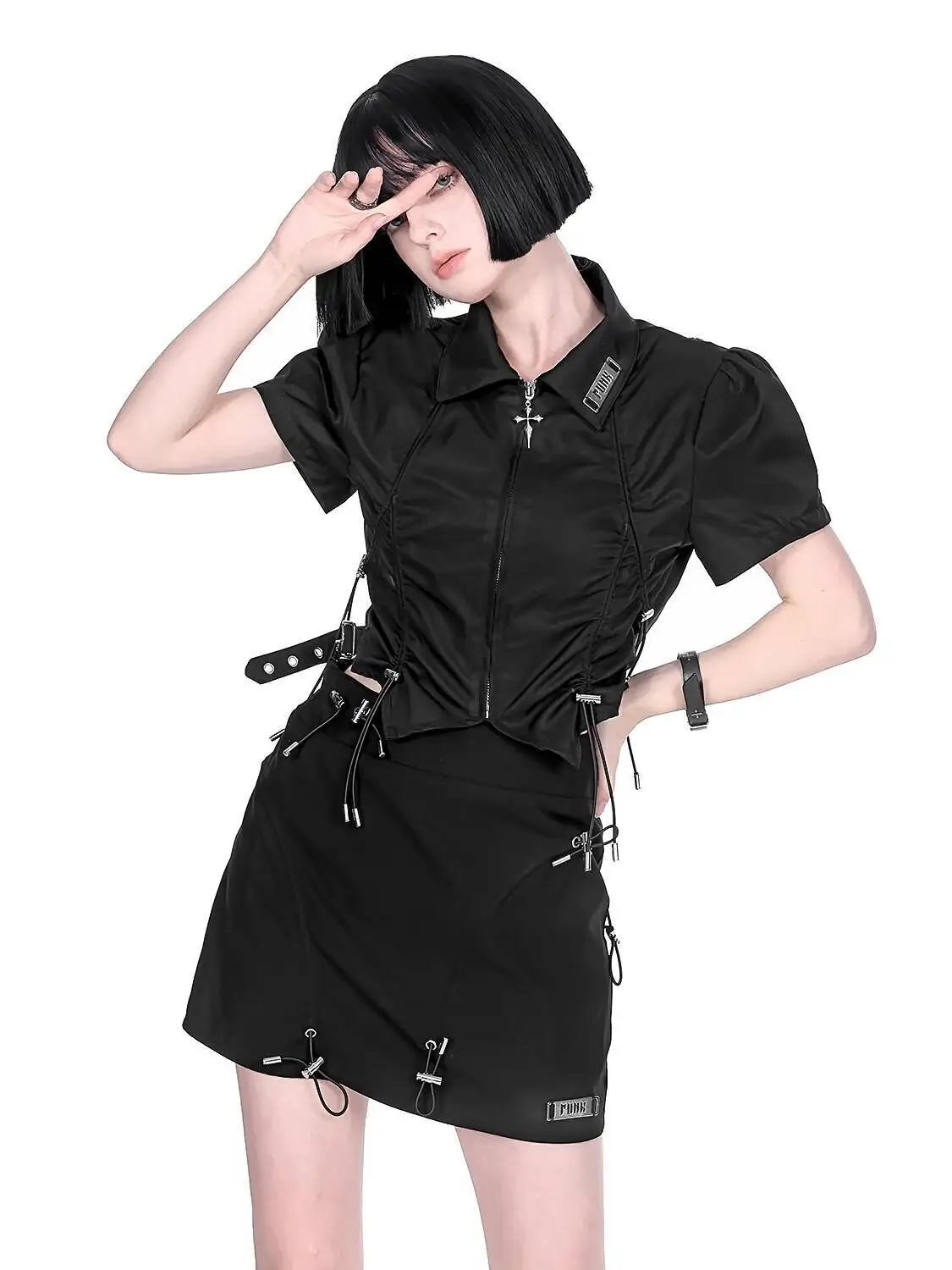 

New Black And White Shoulder Pads Metal Zipper Thin Waist Drawstring Shirt Short Tops Fiesta Carnival Halloween Cos Cosplay