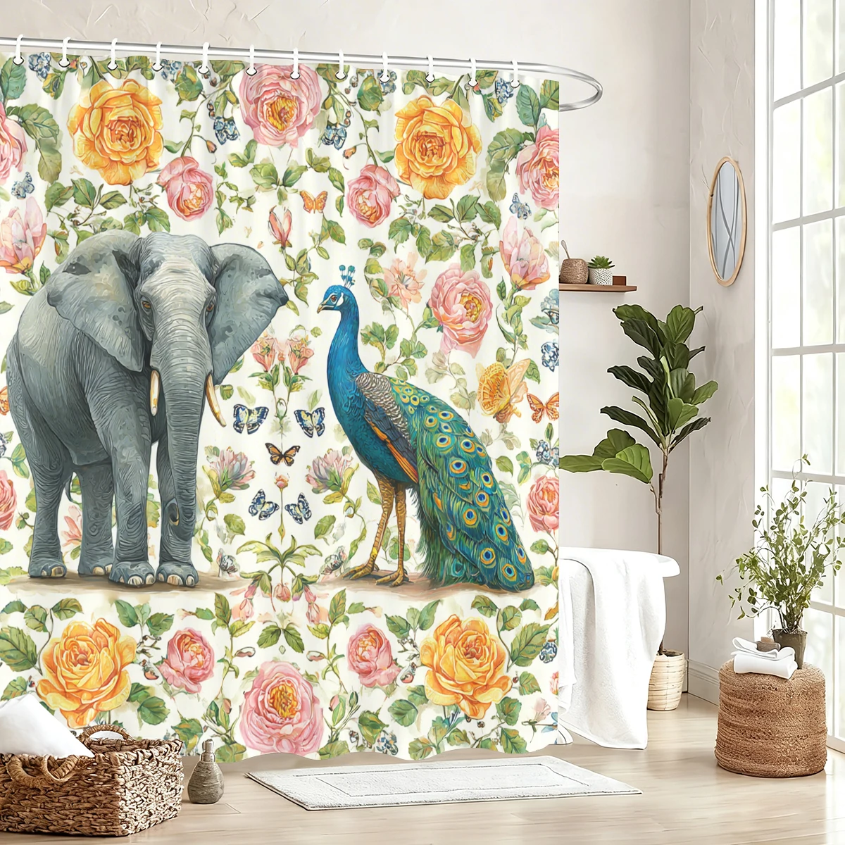 

Vibrant Animal & Floral Pattern Polyester Shower Curtain - Stylish Bathroom Decor, Decorative Bath Curtain for Home Hotel