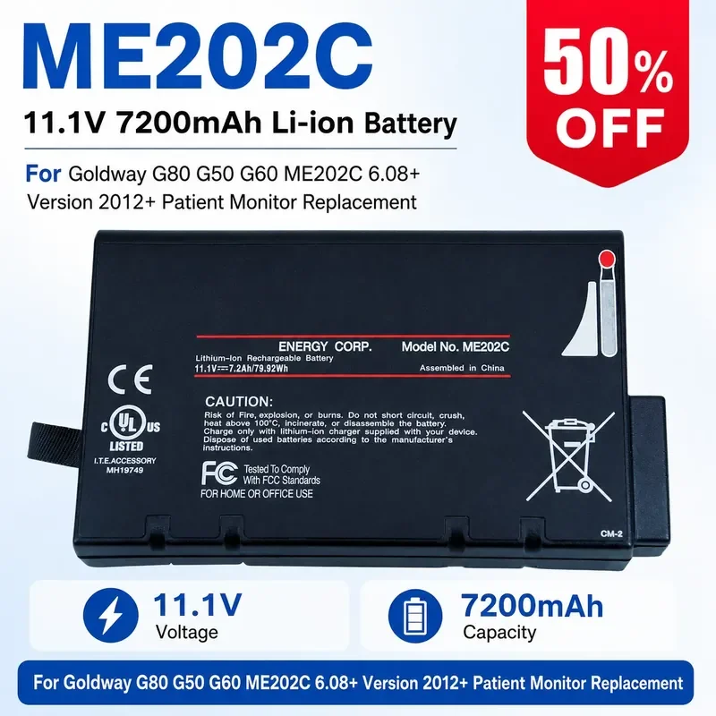 11.1V 7200mAh Li-ion Battery For Goldway G80 G50 G60 ME202C 6.08+ Version 2012+ Patient Monitor Replacement