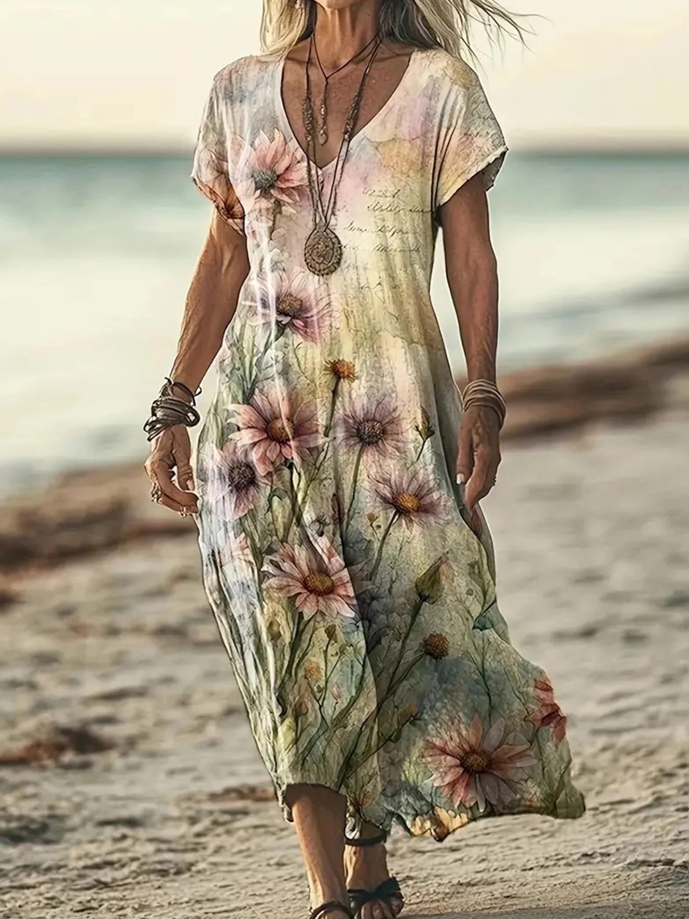 レディースTシャツワンピース ボヘミアン Vネック プリント マキシ丈 ゆったりワンピース カジュアル ビーチウェア 半袖 リラックスフィット オールシーズン