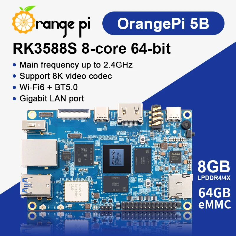 AvaCoreOrange Pi 5B 8GB Ram Rockchip RK3588S 64GB EMMC Wifi-BT Development Board Pi 5 B Run Debian Ubuntu Android OS