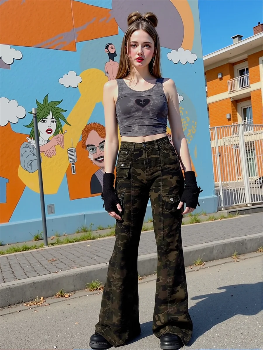 

Camouflage Slim Skinny Floor Jeans Womens Patchwork Flared Leg High Waist Vintage Distressed Pleated Slim Fit Baggy Embroidered