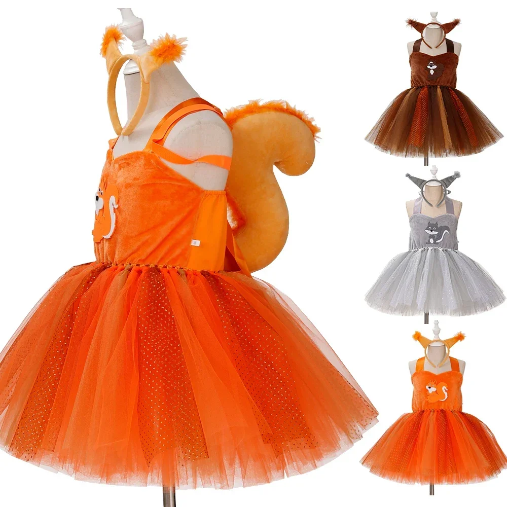 

Cute Girls Animal Dress Up Tutu Dress Kids Zoo Theme Party Squirrel Cosplay Costumes Children Halloween Performance Knee Length