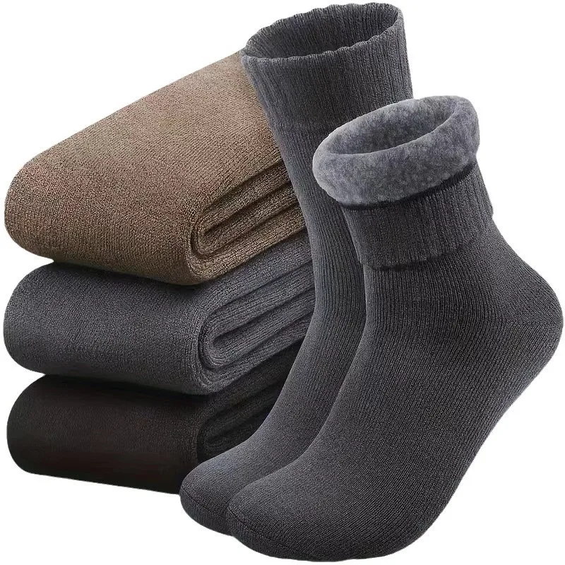 1 Pair Men's Autumn Winter Thick Warm Plush Fuzzy Slipper Socks,Fleece-Lined Terry Crew Socks, Cozy Indoor Floor&Sleeping Socks