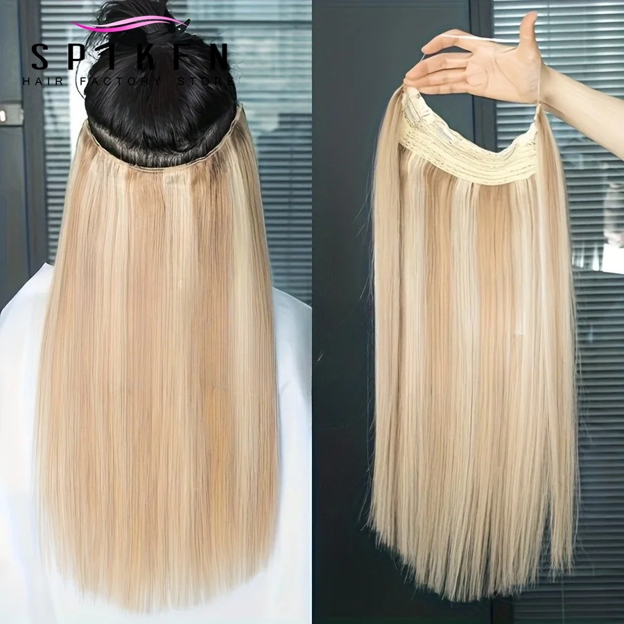 Highlights Honey Blonde Fish Line Human Hair Extensions Invisible Wire in with Clips on Weft Hair Extensions 12''-24'' for Women