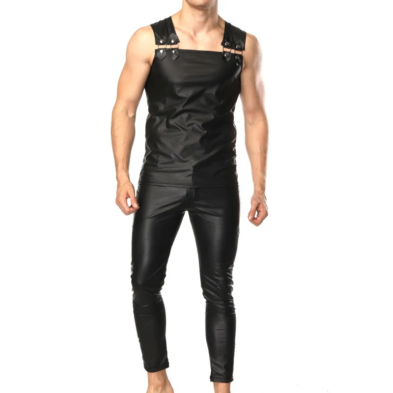 Mens Undershirts Patend Leather Vest Sleeveless T-shirts Nightclub Tank Top Faux Leather Stage Dance Skinny Pants Or Clothes Set