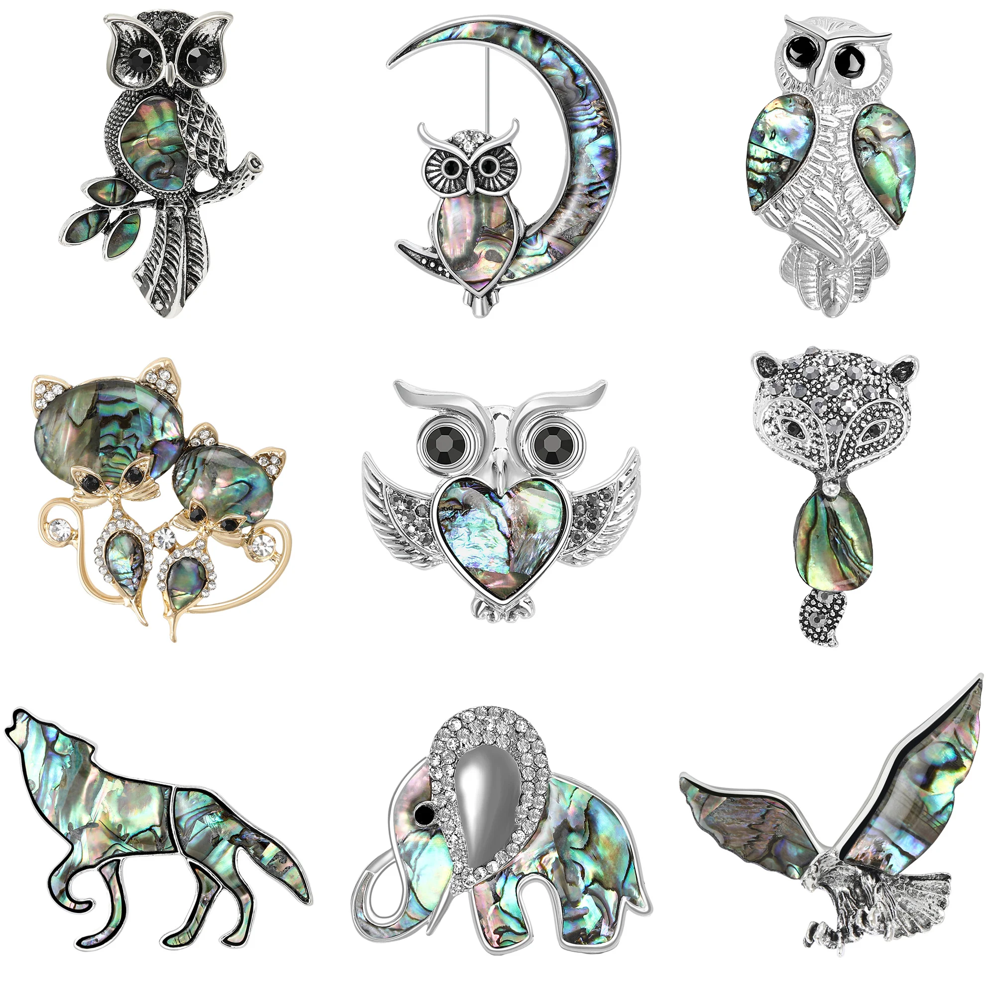 Luxury Shell Owl Brooches for Women Unisex Animal Cat Eagle Elephant Wolf Pins Office Party Friend New Gifts Jewelry Accessories