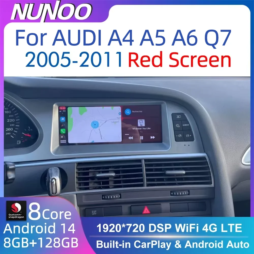 

Nunoo Android 14 CarPlay Car Radio Player For Audi A4 A5 A6 Q7 MMI 2G Basic Red Screen GPS Navi Multimedia Stereo WiFi