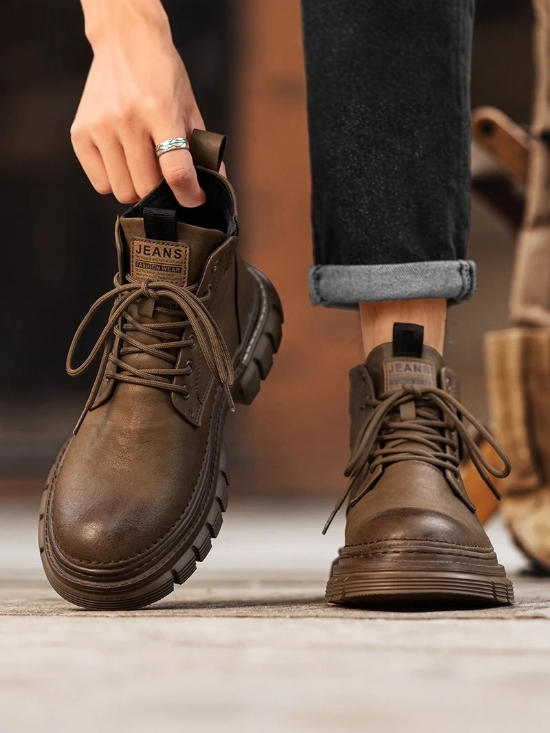 

Retro High-Top Men's Boots Waterproof Leather Casual Brown Shoes Boots Youth Trendy Low Heel round Toe PU Inner...