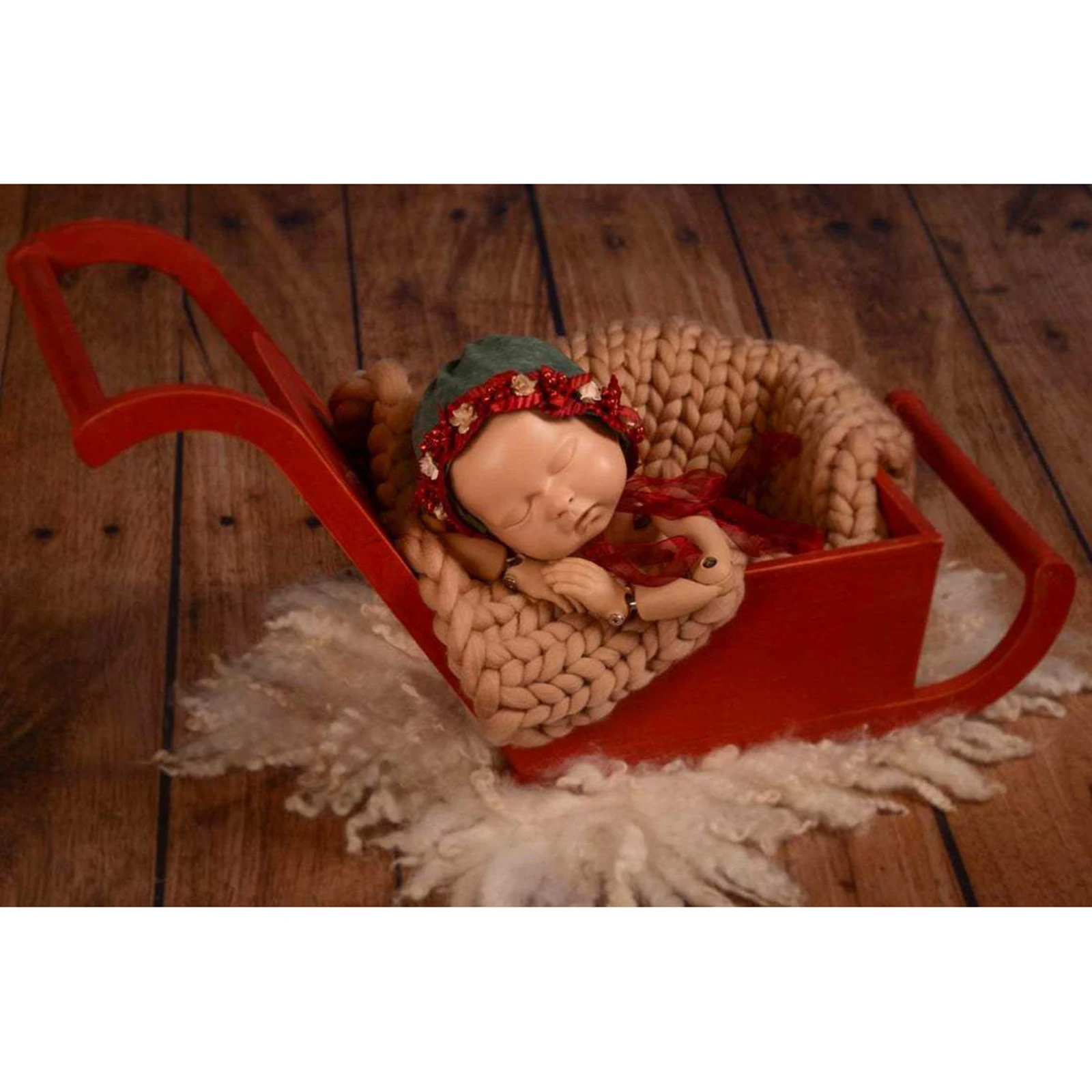 Newborn Photo Props Red Sleigh Multiuse Wooden Sleigh Photo Background Accessories Vintage for Baby Shower Party Holiday Decor