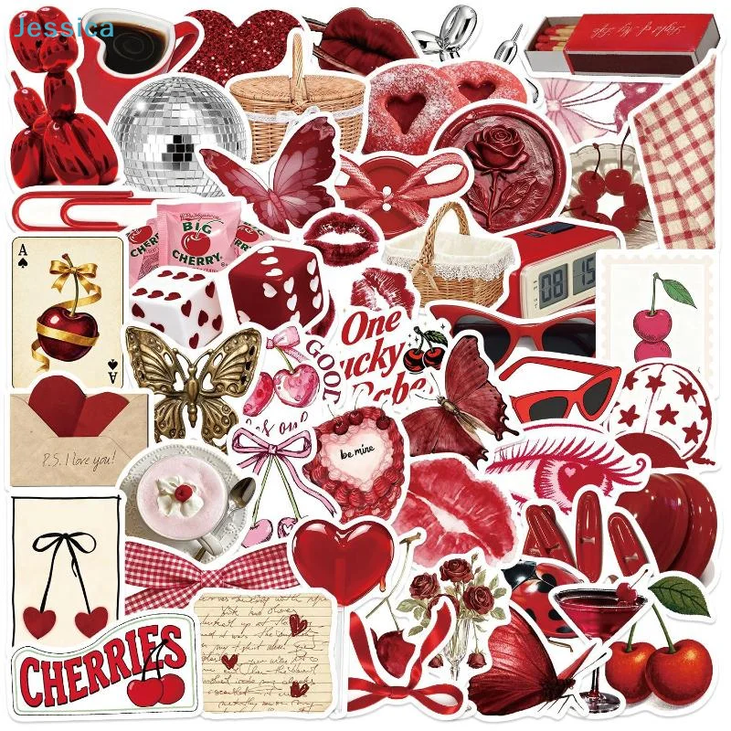 ♥ 50 Stück rote ästhetische Scrapbook-Aufkleber – Retro-Liebes- und Kirschdesign für Journaling und Bastelprojekte