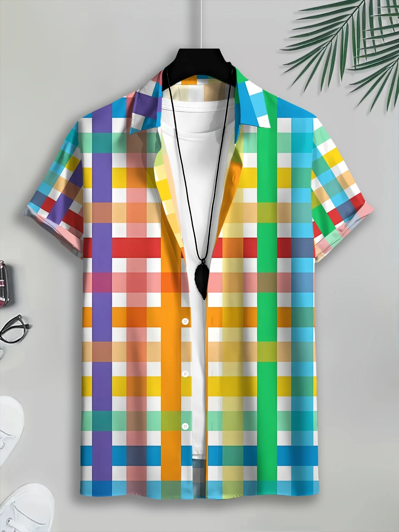 Men's Rainbow Color Plaid Check Print Short Sleeve Lapel Shirt Summer Vacation Loose Casual Mens Clothing