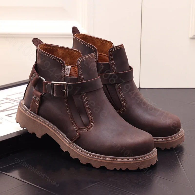 

Leather retro British style round toe workwear shoes short boots men high top casual shoe waterproof thick sole botas para moto