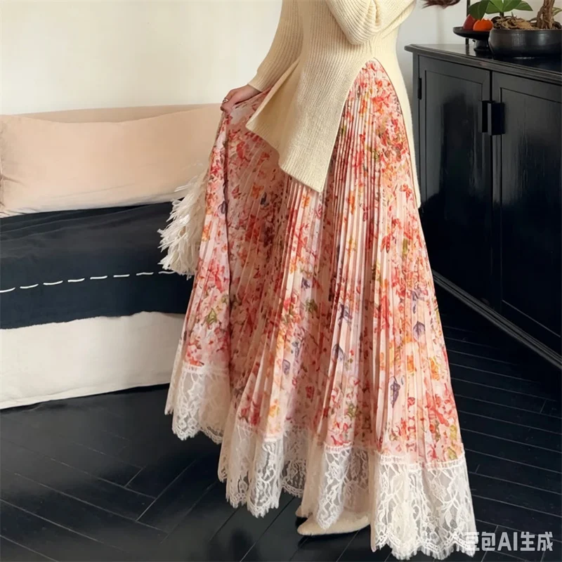 Fashion Issey Miyake Pleated Colorful Ripples in Spring and Summer Monet Impression Floral Lace Stitching Pleated Orange   Skirt