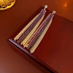 Purple Rhinestone Chains Tassel Dangle Earrings for Women French Vintage Exaggerated Personality New in Earring Luxury Jewelry